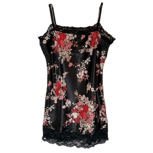 Black Floral Asian Camisole‎ Top With Lace, Small